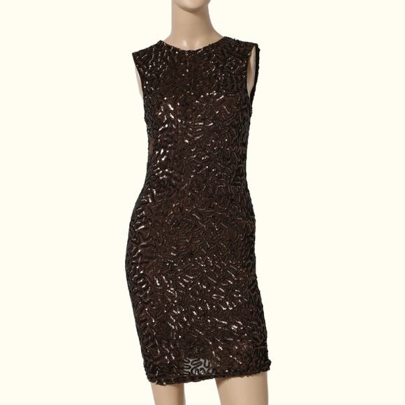 ALICE + OLIVIA Bronze Sequin Crew Neck Mini Dress - Picture 1 of 11